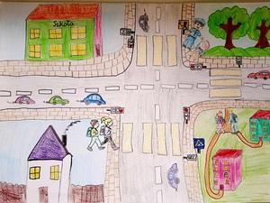 bezpieczna droga do szkoły prace konkursowe klas I-III przedstawiające ulicę dzieci i budynek szkoły Oliwia Jajor