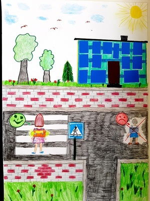 bezpieczna droga do szkoły prace konkursowe klas I-III przedstawiające ulicę dzieci i budynek szkoły Zuzanna Łopoka