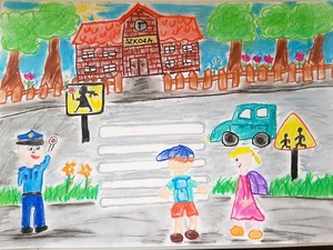 bezpieczna droga do szkoły prace konkursowe klas I-III przedstawiające ulicę dzieci i budynek szkoły Zuzanna Peterman-Gnojek
