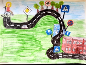 bezpieczna droga do szkoły prace konkursowe klas I-III przedstawiające ulicę dzieci i budynek szkoły Aleksandra Kurnik