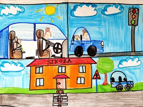 bezpieczna droga do szkoły prace konkursowe klas I-III przedstawiające ulicę dzieci i budynek szkoły Oliwia Jamróz