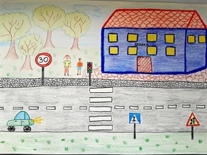 bezpieczna droga do szkoły prace konkursowe klas I-III przedstawiające ulicę dzieci i budynek szkoły Marceli Jastrzębski