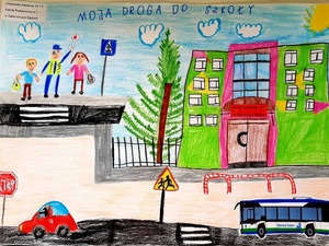 bezpieczna droga do szkoły prace konkursowe klas I-III przedstawiające ulicę dzieci i budynek szkoły Aleksander Marmura
