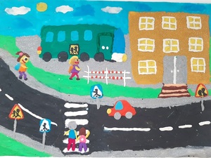 bezpieczna droga do szkoły prace konkursowe klas I-III przedstawiające ulicę dzieci i budynek szkoły Jagoda Łukasik