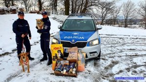 Dwie umundurowane policjantki z dwoma psami stoją obok oznakowanego radiowozu . Przed radiowozem znajduje się karma dla zwierząt w tle śnieg