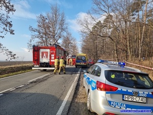 wypadek drogowy, na pierwszym planie radiowóz na drugim inne służby ratunkowe