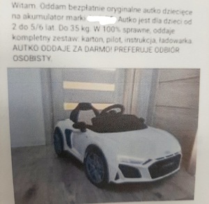 treść ogłoszenia ze zdjęciem białego samochodu na akumulator