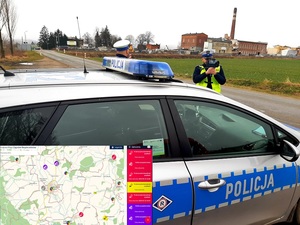 policjant umundurowany z fotoradarem przy radiowozie a u dołu zrzut z KMZB