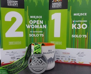 medal koloru szarego przewieszony przez kubek z napisem dla najlepszych, w tel 1 miejsce w kategorii K30 i 2 w kategorii Open Women