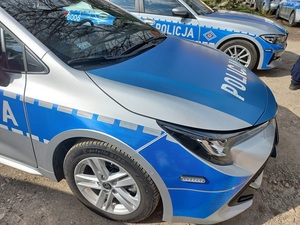 widok na dwa oznakowane radiowozy, widok boczny