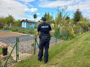 umundurowany policjant sprawdza teren ogródków działkowych