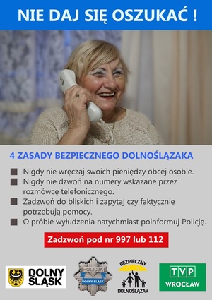 plakat nie daj się oszukać z seniorką rozmawiającą przez telefon i 4 zasadami bezpiecznego dolnośląska