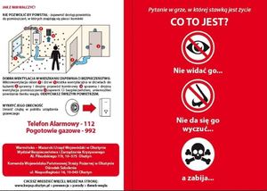 2 strona ulotki o zagrożeniu zatrucia czadem z poradami co zrobić w przypadku podejrzenia zatrucia tlenkiem węgla