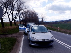 samochód peugeot koloru srebrnego zatrzymany na drodze , za nim stojący oznakowany radiowóz