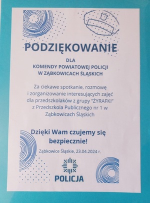 dzieci z Przedszkola Publicznego nr 1 w Ząbkowicach Śl.  z wizytą na komendzie- podziękowanie