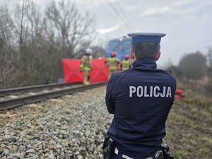 policjant umundurowany stojący tyłem na miejscu zderzenia się samochodu osobowego z pociągiem