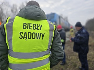 biegły sądowy w kamizelce z napisem stojący tyłem
