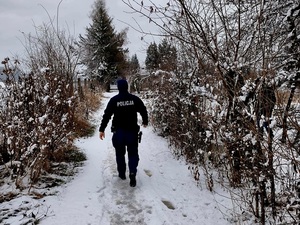 policjant, umundurowany prowadzi działania w ramach akcji Zima