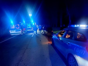 zdjęcie w nocy ze zdarzenia drogowego na drodze, na 1 planie radiowóz i służby ratunkowe